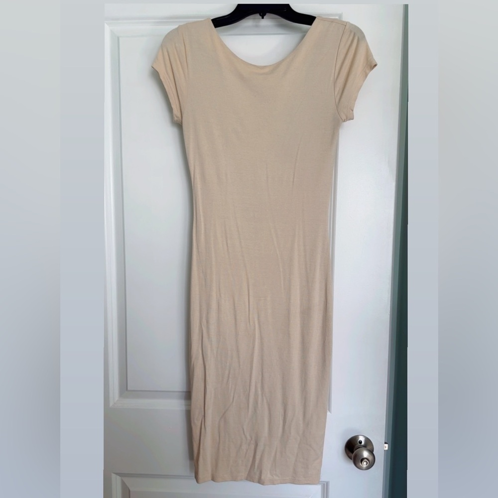 Wet Seal Beige Midi Bodycon Short-Sleeve Dress